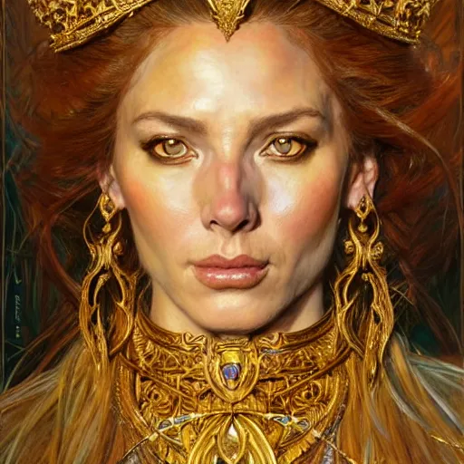 Prompt: highly detailed portrait of a majestic lioness queen in the form of a beautiful woman. d & d, art by donato giancola and ruan jia and carl larsson and magali villeneuve. trending on artstation, intricate details, energetic composition, golden ratio, concept art, illustration, elegant art