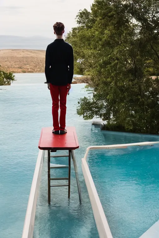 Image similar to troye sivan standing on the diving board, red weapon 8 k s 3 5, cooke anamorphic / i lenses, highly detailed, cinematic lighting