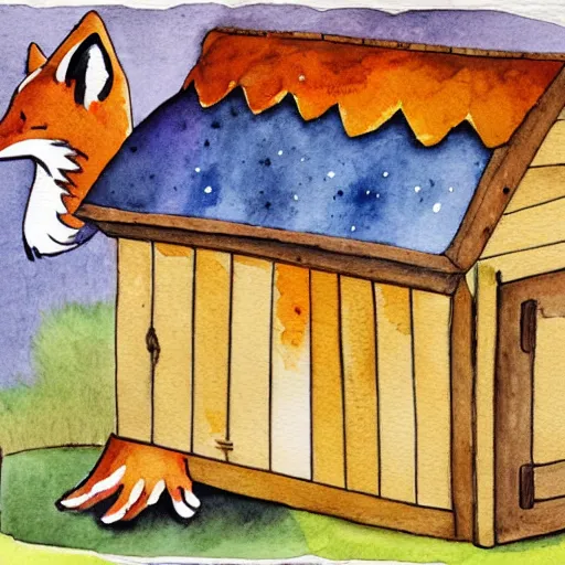 Image similar to a fox in a hen house, watercolor illustration,