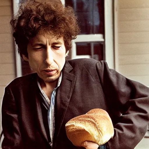 Image similar to bob dylan cradling a loaf of bread like a baby, photograph, 1 9 6 5