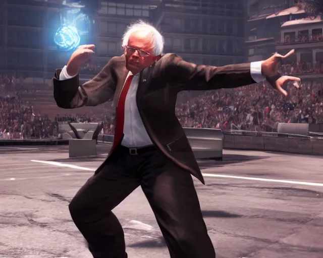 Prompt: bernie sanders as playable character in tekken 7, gameplay screenshot