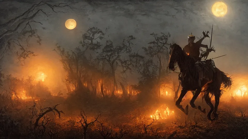 Image similar to a colonial rider!!!! with jack - o - lantern head on lone rampant!!! ( ( black horse ) ) with fiery eyes, background gnarled trees and large supermoon, in the styles of greg rutkowski, keith parkinson, and john quidor, intricate, detailed, volumetric lighting