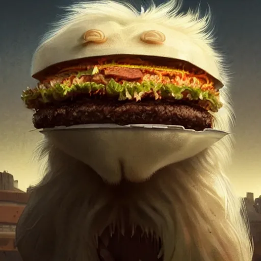 Prompt: commission of a male anthropomorphic albino lion eating an oversized hamburger,digital art,art by greg rutkowski,trevor henderson,ross tran,photorealistic,hyperdetailes,highly realistic,natural lighting,deviantart,artstation,dramatic,cinematic,4k,western comic style