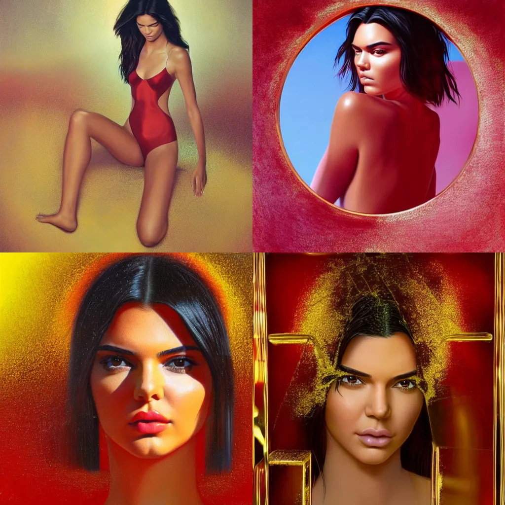 Prompt: Kendall Jenner with beautiful face and full body laying in a blood red pool of water between a bright golden glowing mirror frame, outside is space and inside the mirror frame is a beautiful landscape. Hyperrealistic surreal 4K IMAX Rene Margritte intricate, elegant, highly detailed, digital painting, artstation, concept art, smooth, sharp focus, illustration, art by artgerm and greg rutkowski and alphonse mucha