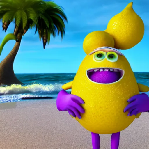 Image similar to 3 d octane render, of a hot anthropomorphic lemon female character inspired by the movie monsters inc, with lemon skin texture, she is wearing a hat, building a sandcastle on the beach at sunset, beach, huge waves, sun, clouds, long violet and green trees, rim light, cinematic photography, professional, sand, sandcastle, volumetric lightening