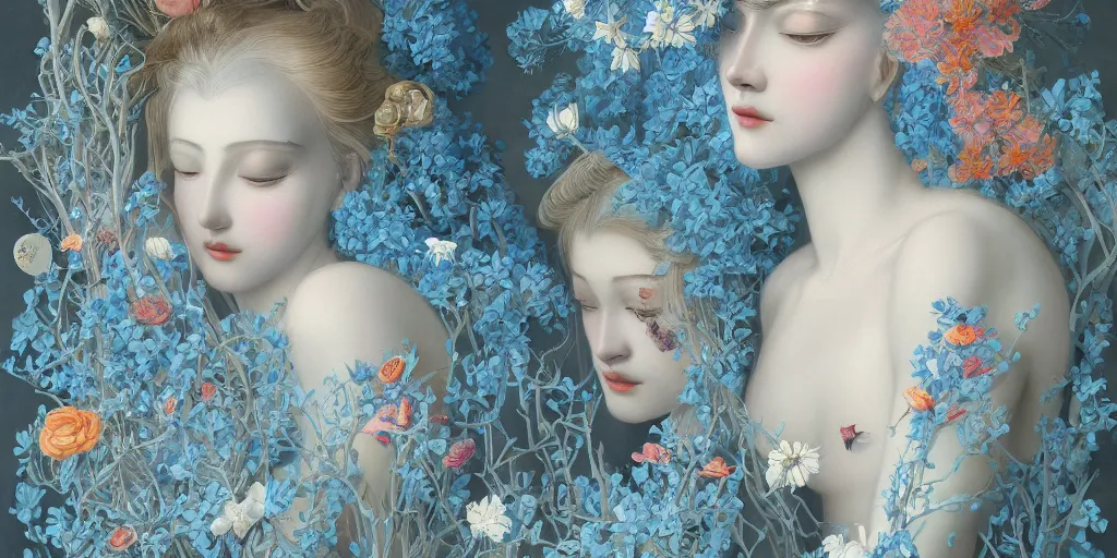 Image similar to breathtaking detailed concept art painting art deco pattern of blonde faces goddesses amalmation light - blue flowers with anxious piercing eyes and blend of flowers and birds, by hsiao - ron cheng and john james audubon, bizarre compositions, exquisite detail, extremely moody lighting, 8 k