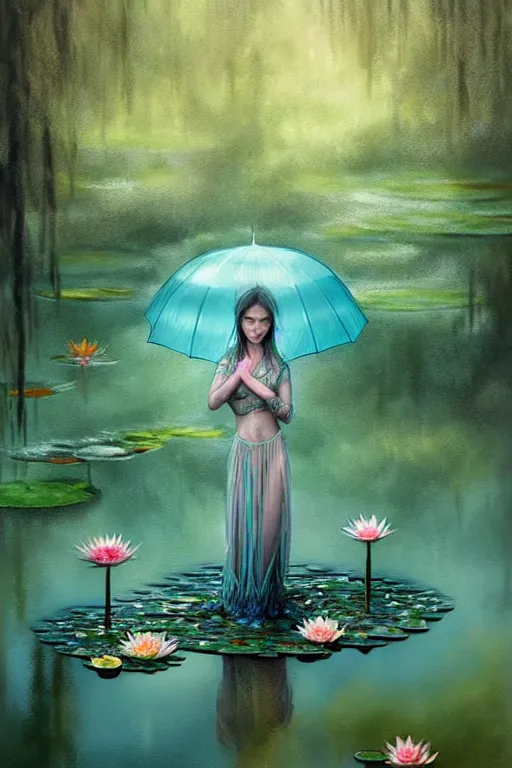 Image similar to light teal portrait in the rain on pond with waterlilies, fantasy, intricate, elegant, dramatic lighting, emotionally evoking symbolic metaphor, highly detailed, lifelike, photorealistic, digital painting, artstation, concept art, smooth, sharp focus, illustration, art by John Collier and Albert Aublet and Krenz Cushart and Artem Demura and Alphonse Mucha