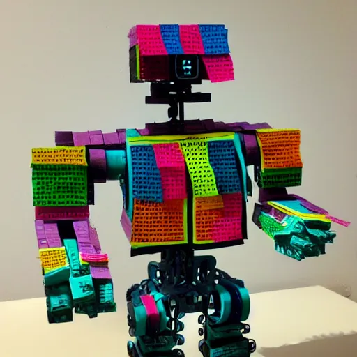 Prompt: Extremely detailed and complex sculpture of a cassettepunk robot made entirely from post it notes of various colors