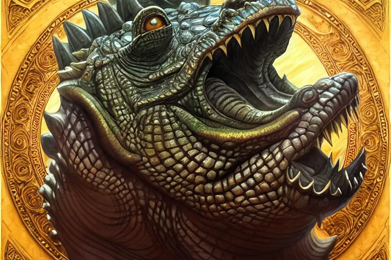 Image similar to the crocodile god statue, deep focus, d & d, fantasy, intricate, elegant, highly detailed, digital painting, artstation, concept art, matte, sharp focus, illustration, hearthstone, art by artgerm and greg rutkowski and alphonse mucha