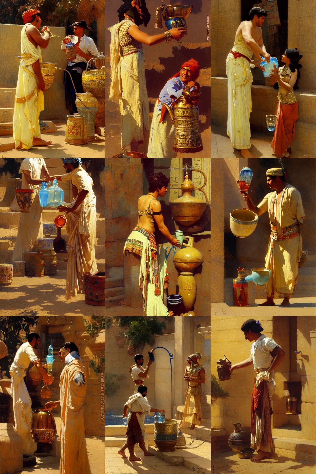 Prompt: a detailed painting of an egyptian servant collecting water in a pitcher, painting by gaston bussiere, craig mullins, j. c. leyendecker