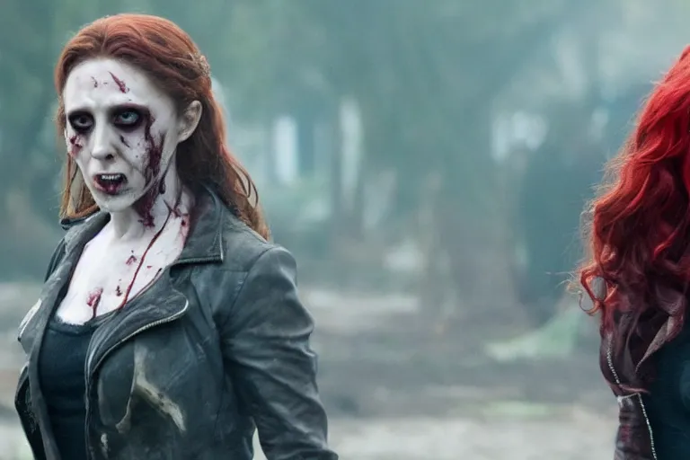 Image similar to film still of zombie zombie Scarlet Witch as a zombie in new avengers movie, 4k