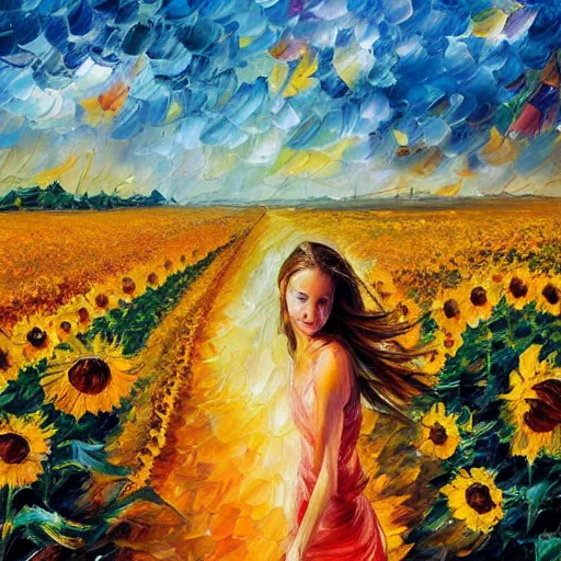 Image similar to a girl slowly walking through amazing tall sunflower field, her hair flowing down, subtle, intricate details, real masterpiece, oil on canvas, by leonid afremov