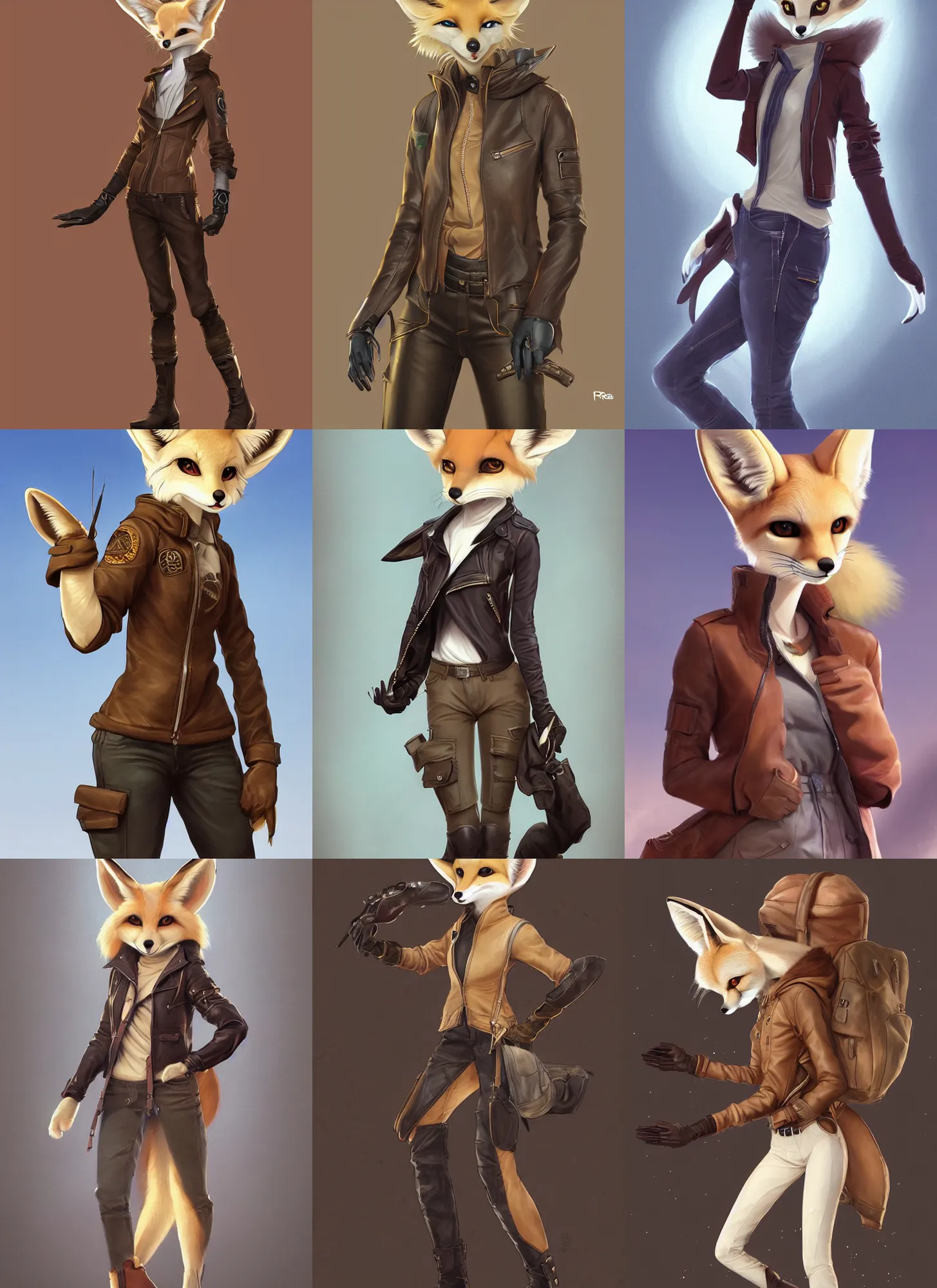 Prompt: beautiful portrait of a female anthropomorphic fennec fox fursona wearing a leather jacket. leather gloves. leather boots. cargo pants. character design by charlie bowater, ross tran, artgerm, and makoto shinkai, detailed, soft lighting, rendered in octane