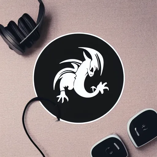 Image similar to svg sticker, centered, round-cropped, white-space-surrounding, Dragon listening to headphones, flat colors, vector art