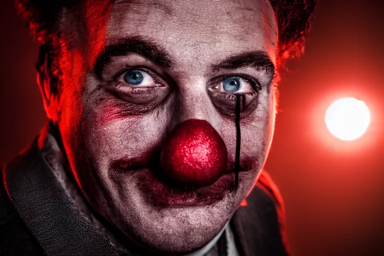 Prompt: a cinematic headshot portrait of an emotional middle aged male clown prison yard, fog filled, spotlights shine down from the watchtowers, perfectly lit face, ultra realistic, depth, beautiful lighting, red glow, ephemeral, detailed