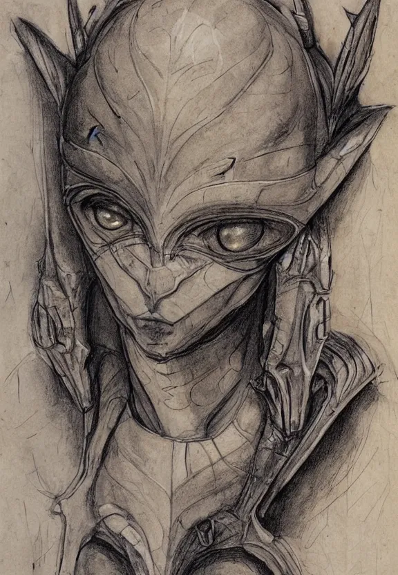 Image similar to fantasy, symmetrical beautiful human face, female humanoid creature, vascularity, plant armour, shell head piece, muscular, large cute anime eyes, stylised, torso and head, bust, diagram, sketchbook, greys anatomy book, sketches, on old distressed parchment paper, watercolour, by brian froud