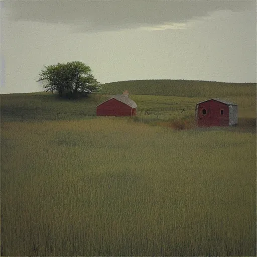 Image similar to “a soft prairie landscape with a white washed farmhouse and dilapidated barn, during august late afternoon, gentle wispy clouds, in the style of Andrew Wyeth, muted colours, f3.5”