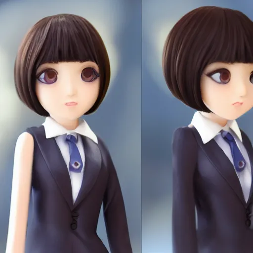 Image similar to a pretty young girl of 2 5, japanese, with big eyes, short shoulder - length hair and a suit ， created by sam yang and trnyteal