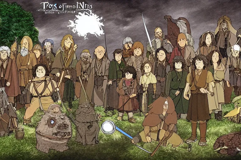 Prompt: tonemapped the fellowship of the ring!! by studio ghibli,