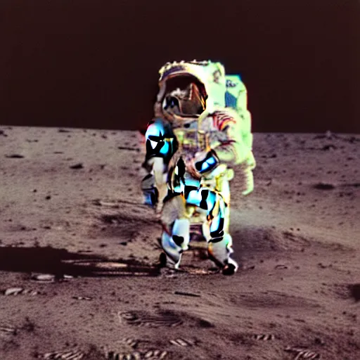 Image similar to vintage polaroid of a woman in a spacesuit, on the surface of the moon landing, warm azure tones, red color bleed, film grain