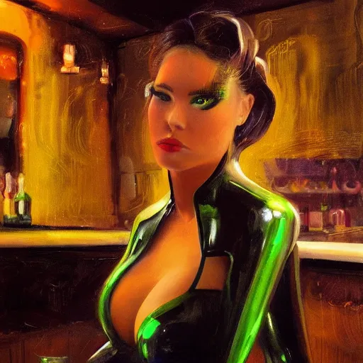 Prompt: a painting of a female wearing a latex suit drunk in a bar. by randolph hewton and edward robert hughes. trending on artstation, highly detailed, volumetric lightning, cinematic lightning