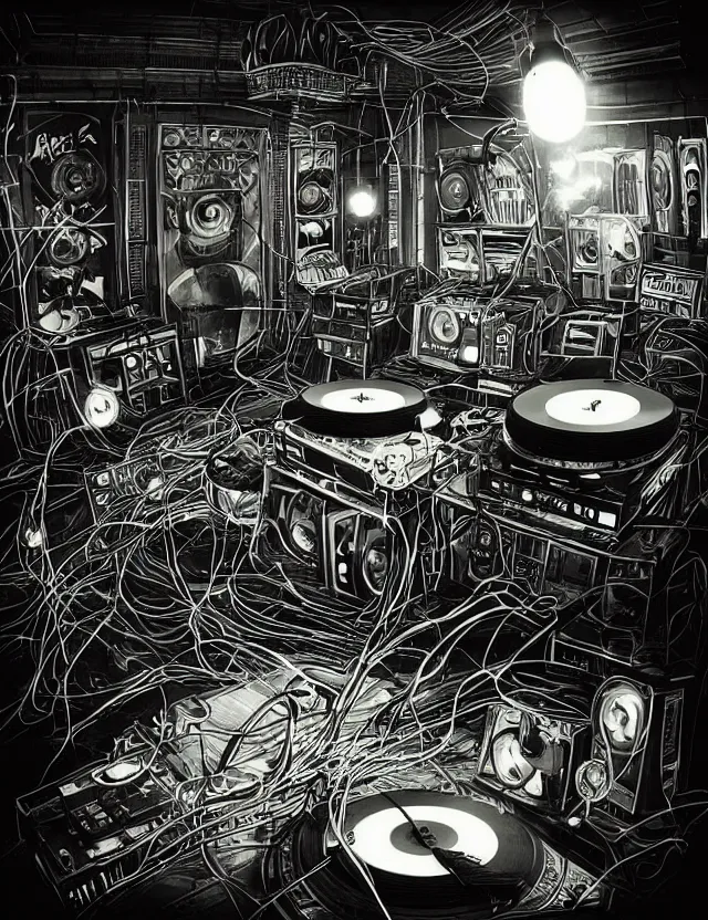 Prompt: “Artstation. A DJ playing records, crowd dancing wildly in a room full of electronic steampunk equipment with lots of electric wires and large tv screens and audio meters and voltage meters.. Bright spotlights and strobo lights. Dark, highly detailed. In a style of Mike Savad.”
