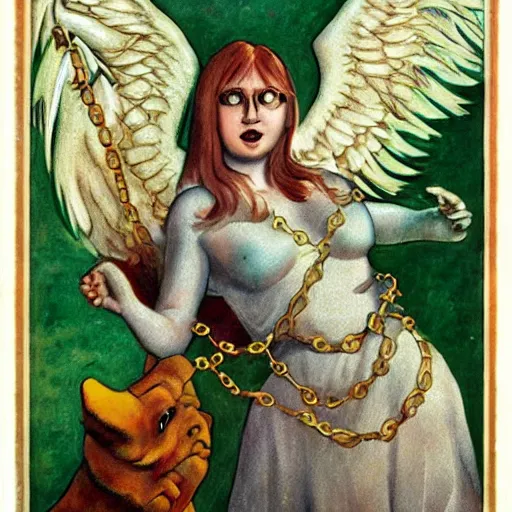 Image similar to angelical woman with her chained giant monster pet. art.