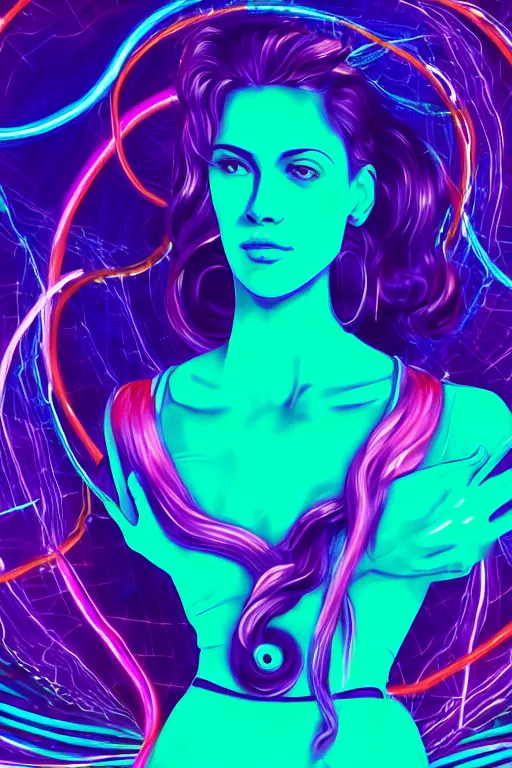 Image similar to a award winning half body portrait of a beautiful woman in a croptop and cargo pants with ombre purple pink teal hairstyle and hands in pockets by ari liloan, surrounded by whirling illuminated lines, outrun, vaporware, digital art, trending on artstation, highly detailed, fine detail, intricate