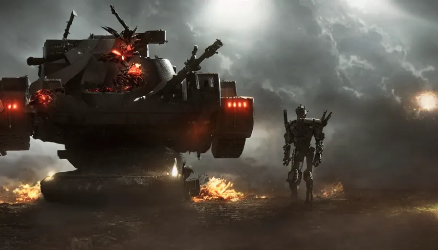 Image similar to Big budget movie about a cyborg demon fighting a heavily armored tank in a city