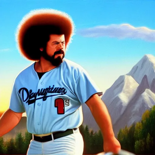 Image similar to a closeup photorealistic photograph of bob ross style kenny powers playing baseball, a painting on a canvas. mountains and trees. film still. brightly lit scene. this 4 k hd image is trending on artstation, featured on behance, well - rendered, extra crisp, features intricate detail, epic composition and the style of unreal engine.