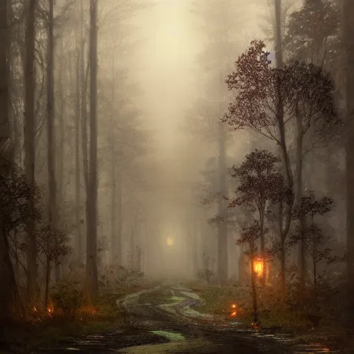 Image similar to a dark, mossy, gloomy, rainy road surrounded by woodland trees, leading to a beautiful, radiant house, illustrated by greg rutkowski and gaston bussiere, cgsociety contest winner, trending on artstation, intricately defined, complexly detailed, gloomy, rainy atmosphere, 4 k