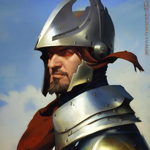 Prompt: Greg Manchess portrait painting of medieval warrior in plate armor as Overwatch character, wacky, medium shot, asymmetrical, profile picture, Organic Painting, sunny day, Matte Painting, bold shapes, hard edges, street art, trending on artstation, by Huang Guangjian and Gil Elvgren and Sachin Teng
