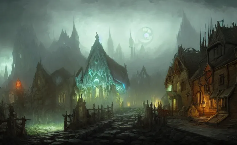 Image similar to extreme long shot concept art depicted an old english mystic town, dramatic mood, overcast mood, dark fantasy environment, art by legends of runeterra and league of legends and arcane, art by tony sart, art by thornton oakley, art by darek zabrocki, trending on artstation, unreal engine