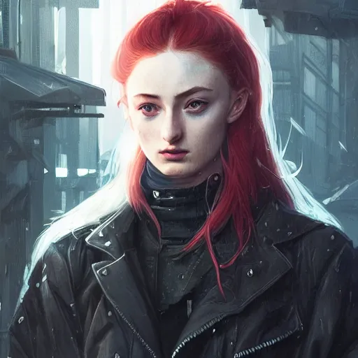 Image similar to sophie turner, streetwear, techwear, cyberpunk style outfit, nose piercing, detailed portrait, intricate complexity, by greg rutkowski, cushart krentz, artgerm, ross tran, conrad roset, takato yomamoto, ilya kuvshinov. 4 k, beautiful, cinematic dramatic atmosphere, portrait lighting