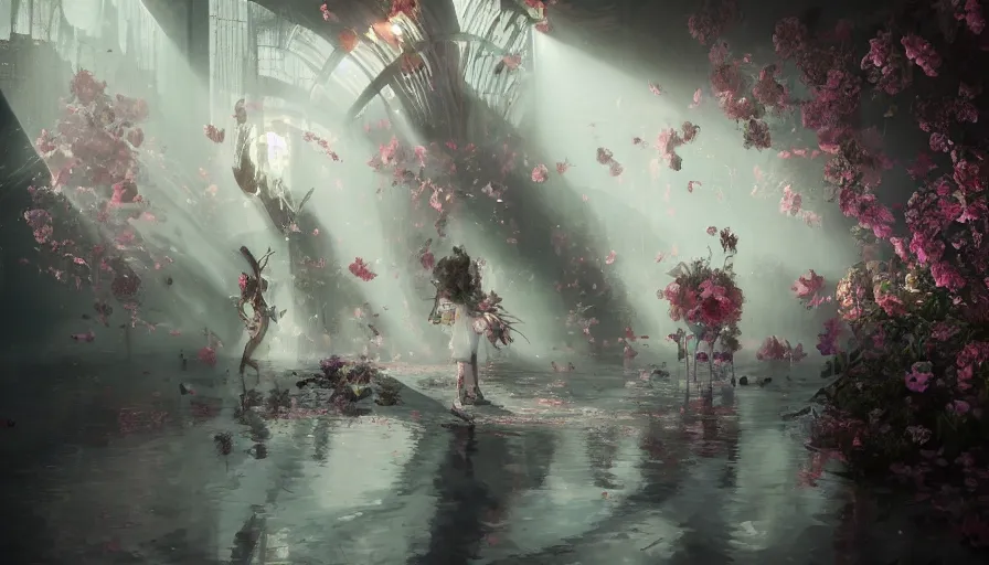 Prompt: victoria secret runway show, light, shadows, reflections, flowers, epic composition, intricate, elegant, volumetric lighting, digital painting, highly detailed, artstation, sharp focus, illustration, concept art, ruan jia, steve mccurry, greg rutkowski, mina petrovic, timothy kong, marina federovna, concept art, iconic