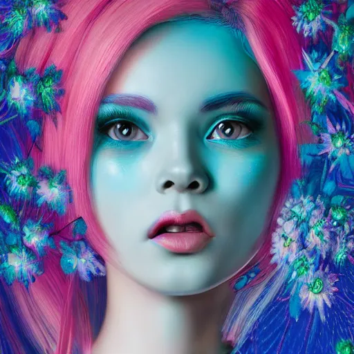 Image similar to an intelligent young women with blue hair lookingat the camera, she has a beautiful unconventional face, she is surrounded by an explosion of flowers in neon pink and blue intricate, elegant, highly detailed, digital painting, artstation, concept art, pop, smooth, sharp focus, illustration, art by mark ryden and gaston bussiere 3 d 8 k ultra detailed