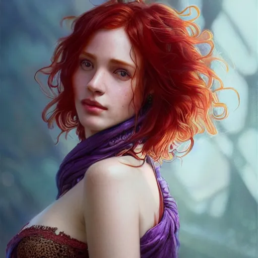 Image similar to close up portrait of a beautiful girl with red hair and freckles, intricate, elegant. highly detailed, digital painting, artstation, concept art, smooth, sharp, focus, illustration. background is purple, art by artgerm and greg rutkowski and alphonse mucha,