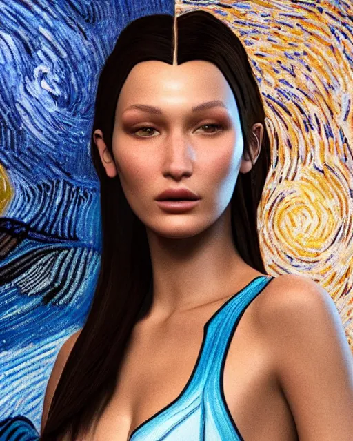 Image similar to a highly detailed metahuman 8 k close up render of bella hadid in vincent van gogh style trending on artstation made in unreal engine 4