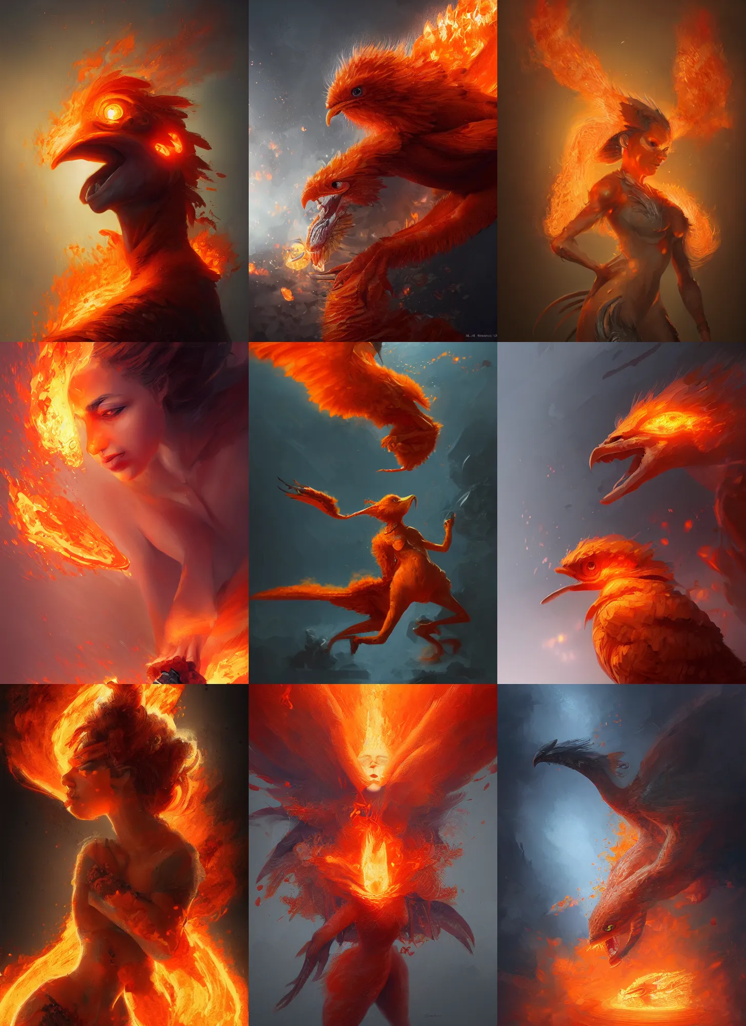 Prompt: orange chick breathing fire, full shot, intricate, elegant, highly detailed, digital painting, artstation, concept art, sharp focus, illustration, aleksi briclot, rutkowski