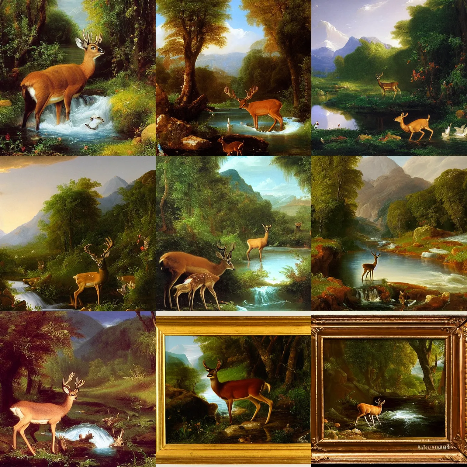 Prompt: a deer comes to drink from the stream. the deer is a metaphor for innocence. it is pure and untouched by the harshness of the world. it is gentle and fragile. an oil painting by thomas cole