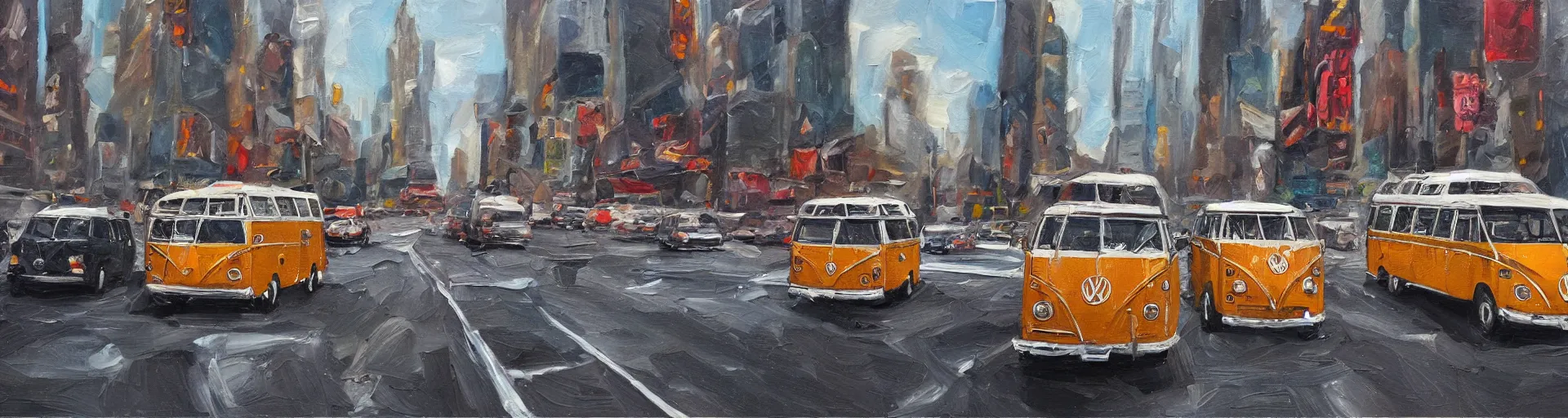 Image similar to a detailed oil painting of vw buses racing in new york city