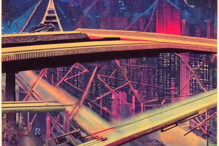 Image similar to 1 9 7 9 omni magazine cover of train bridge going above a park in osaka at night. cyberpunk style by vincent di fate