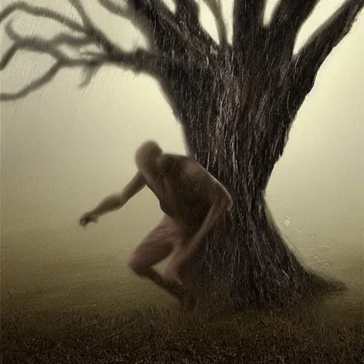 Image similar to The drawing shows a man caught in a storm, buffeted by wind and rain. He clings to a tree for support, but the tree is bent nearly double by the force of the storm. The man's clothing is soaked through and his hair is plastered to his head. His face is contorted with fear and effort. by Bo Bartlett haunting, artificial