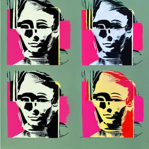 Image similar to silkscreen and lithography to create colorful cyborgs in the style of andy warhol