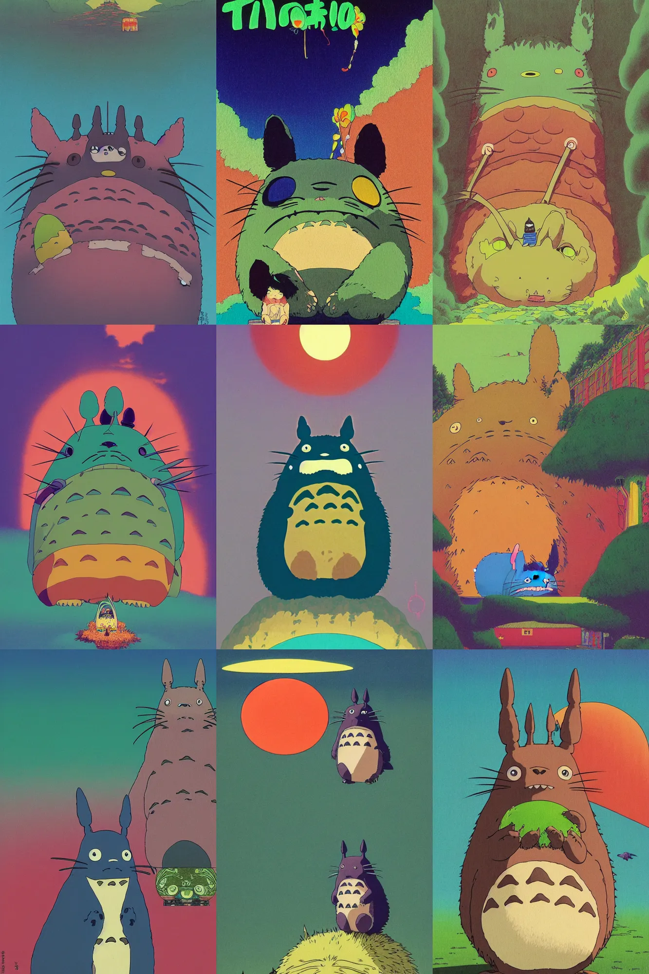 Prompt: a colorful vibrant portrait of totoro from studio ghibli, lsd acid on his tongue and dreaming psychedelic hallucinations, by kawase hasui, moebius, edward hopper and james gilleard, zdzislaw beksinski, steven outram colorful flat surreal design, hd, 8 k, artstation
