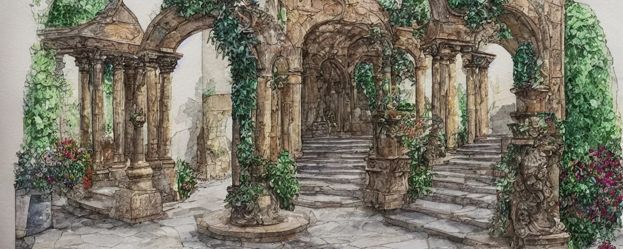 Prompt: courtyard walkway, fountain, castle, stairway, chairs, wrought iron, gate, botanic garden, botanical herbarium paper, watercolor colored painting, iridescent colors, realistic shaded, fine, artstation, italian style, colonnade ornate headdress, craving, carved, insanely detailed