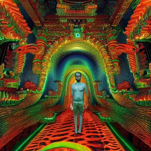 Prompt: Photorealistic man inside a temple made of snakes. Hyperdetailed photorealism, 108 megapixels, amazing depth, glowing rich colors, powerful imagery, psychedelic Overtones