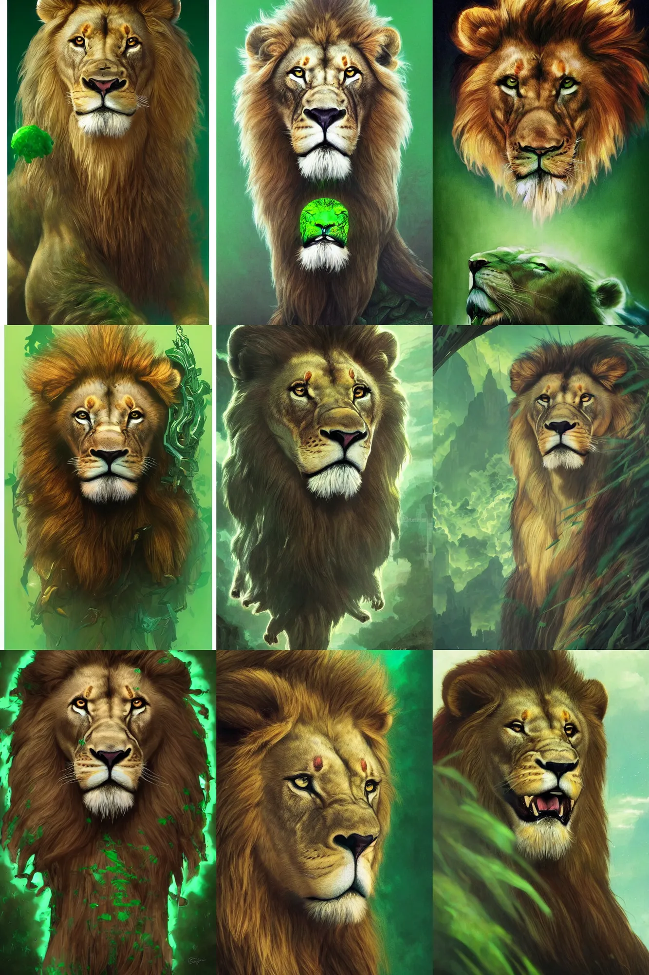 Prompt: ( ( ( ( ( long shot ) ) ) ) ) ultra realistic illustration, full shot fantasy lion's face against a green back for chroma key by artgerm and greg rutkowski and alphonse mucha, full shot, constant green background, trending on artstation