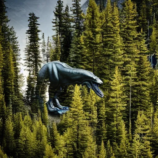 Prompt: a t - rex in the coniferous forest, background dolomites, cinematic, diffused light among the trees, artistic drawing