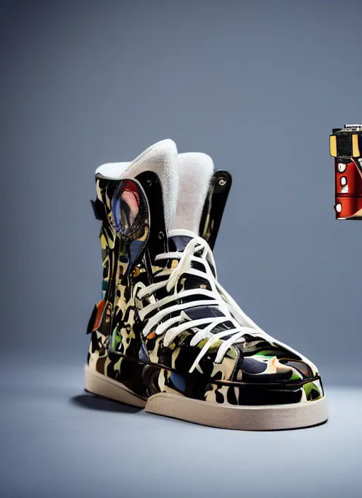 Image similar to hyperrealistic and heavy detailed product photo bape avant garde shoe of movie the fifth element, in front of white back drop, whole shoe is in picture, leica sl 2 5 0 mm, vivid color, high quality, high textured, real life